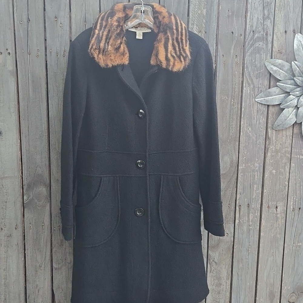 Mainbocher Black Trench Coat with Faux Fur Collar 100% Wool